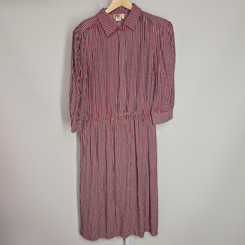 Vintage Katie MFG Red White Blue Striped Secretary Midi Dress Womens 80s
